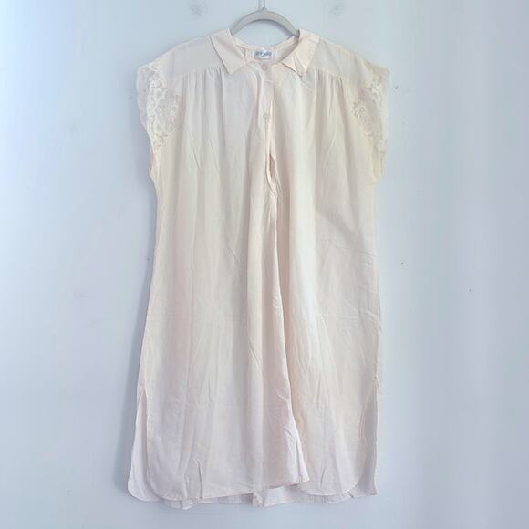 Vintage Lily of France thin cotton 1/4 button up lace short sleeve nightgown - Picture 1 of 8